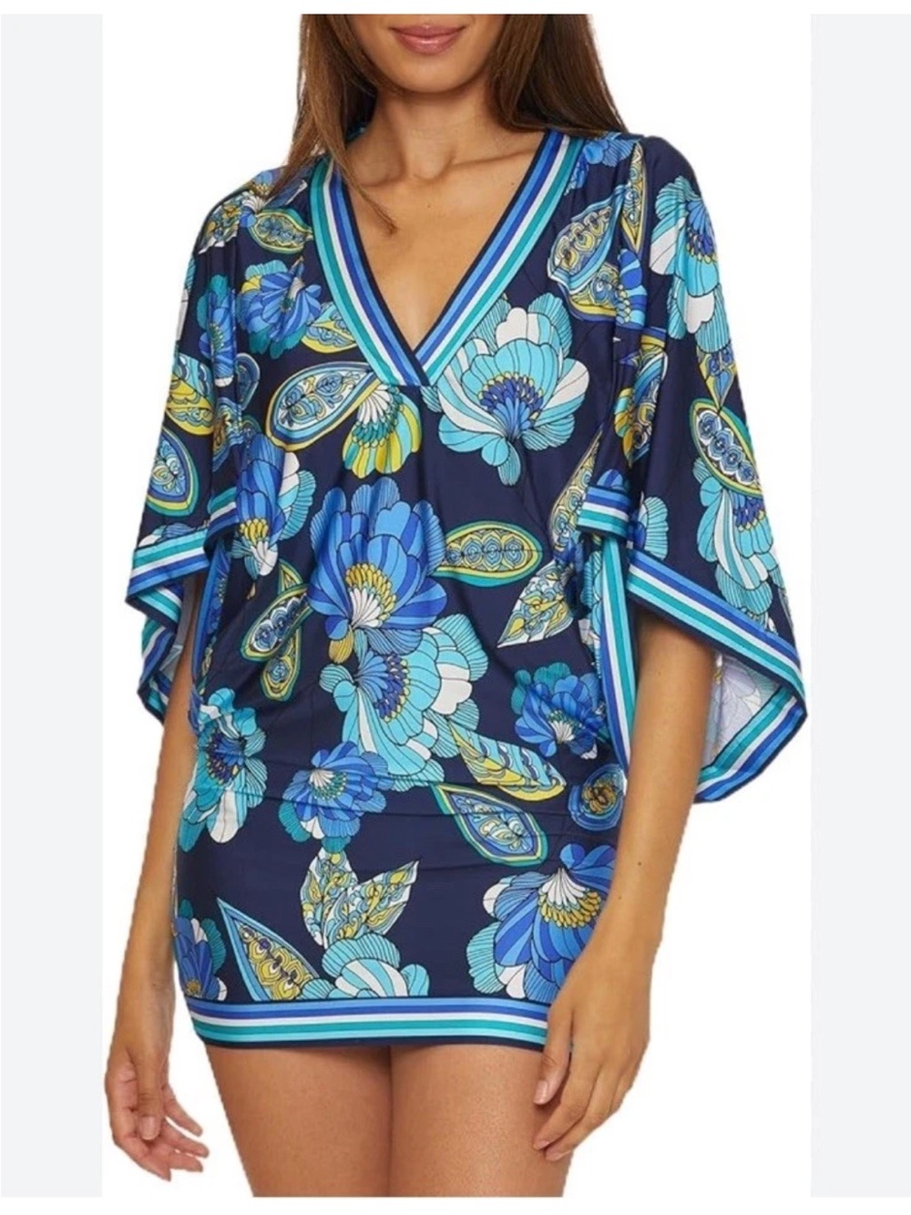 NWT Trina Turk Pirouette Casablanca V-Neck Blue Floral Print Beach Coverup Sz XL